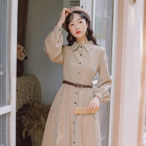 Long Sleeve Lapel Korean Style Simple Fashion Dresses 2021 Spring Autumn New Twill Brushed Literary Retro Dress Casual Ladies