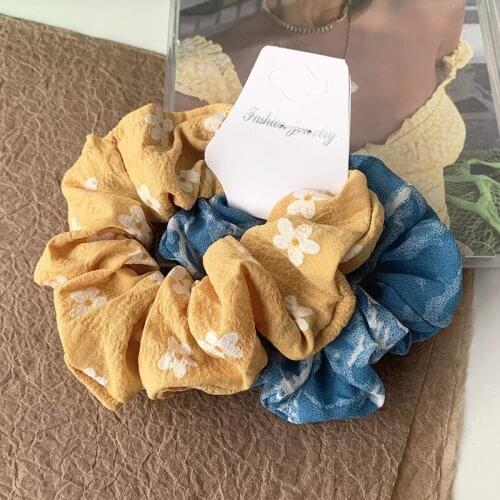 2pc Set Womens Printed Elastic Hairbands Scrunchie Fashion Tie Ponytail Holder Hair Rope for Girl Cute Rubber Band Headdress