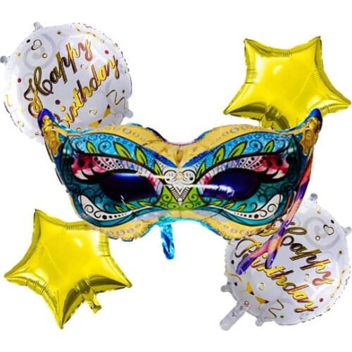 5 Pcs Set Mask Balloons 2 PCS 18 Inch star & 2 PCS 18 Inch Birthday Round Balloon Boy Girl Decoration Supplies Foil Balloons Set