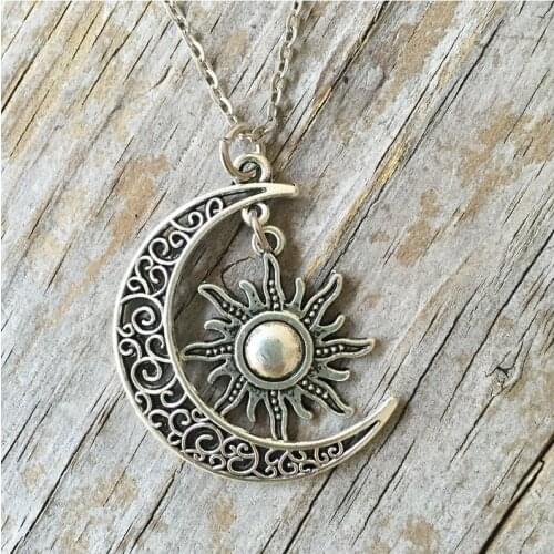 Moon Sun Necklace Chain Long Pendants Silver Color Phase Crescent Men Women Fashion Punk Charm Celestial Jewelry Novelty 2020NEW