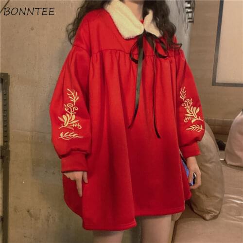 Women No Hat Hoodies Loose Turn-down Collar Print Korean Style Female Sweatshirts Student Sweet Kawaii Autumn All-match Fashion