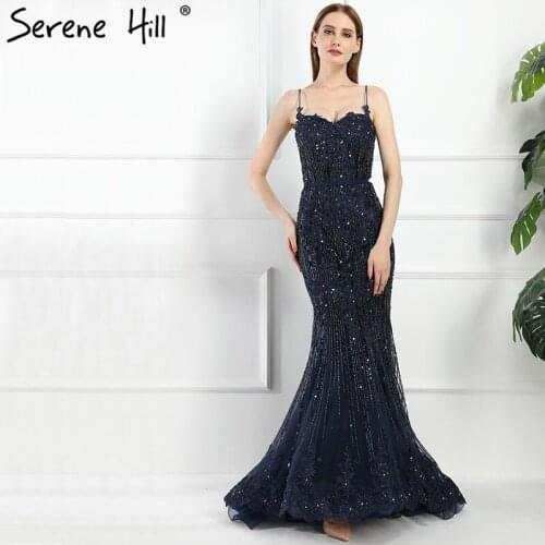 Vintage Spaghetti Straps Lace Sequins Mermaid Evening Dresses 2020 Real Picture Navy Blue Formal Dress Party BLA6105