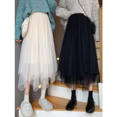 Skirts Womens Spring Summer Net Yarn Fairy Skirt Autumn Winter Long High Waist Thin A Word Skirt Pleated Half-length Skirt