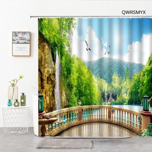 Green Trees And Hills Outside The Windowsill Scene 3D Bathroom Curtain Ocean Landscape Shower Curtains Washable Bathroom Product