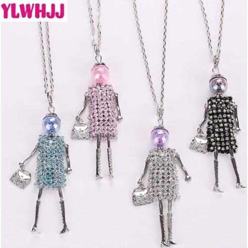 YLWHJJ women new pink black doll long chain rhinestone pendants brand girl hot maxi necklace fashion statement jewelry crystal