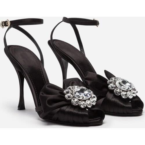 Handmade INS hot woman diamonds bow-knot high heel sandals rhinestones bow high heel woman black sandal real photos plus size