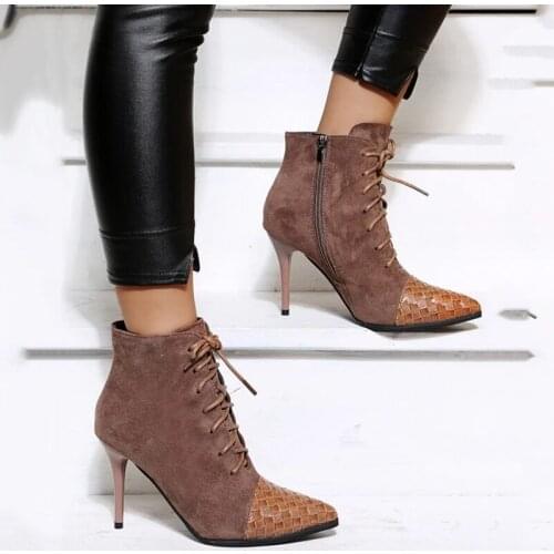 INS Women Ankle Boots PU Ladies Modern Boots Lace Up Pointed Toe Pumps For Female Winter Non Slip Zipper New Autumn 2021