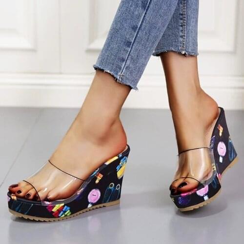 New Slipper Women 2020 Summer Fashion Platform Slippers Slope Heel Women Shoes Transparent Wedge Slides Platform Heels