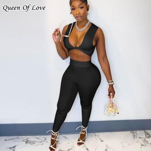 Fashion V-Neck Crop Top And Pants 2 Piece Matching Set Women Sexy Two Piece Club Party Outfits 2021 Summer Sweat Suits