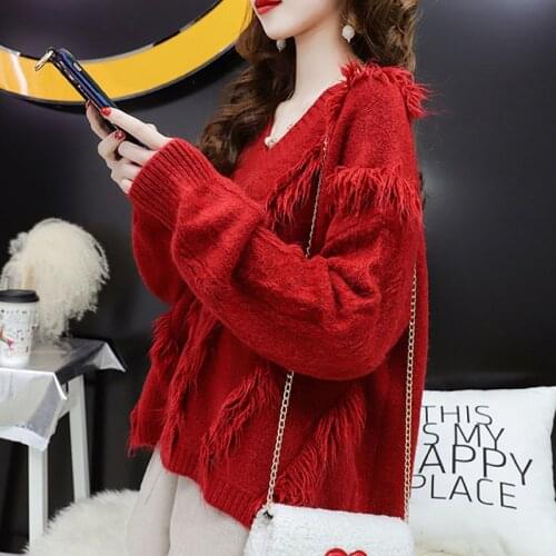 Red Knitting Pullover Tops Autumn Winter Warm V-neck Long sleeve Casual Female Tassel Sweater Knit Jumper Sweater Plus Size 2XL