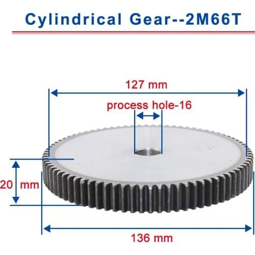 1piece 2M66T spur gear teeth outer diameter 136mm cylindrical gear process hole 16mm flat gear 45#carbon steel total height 20mm