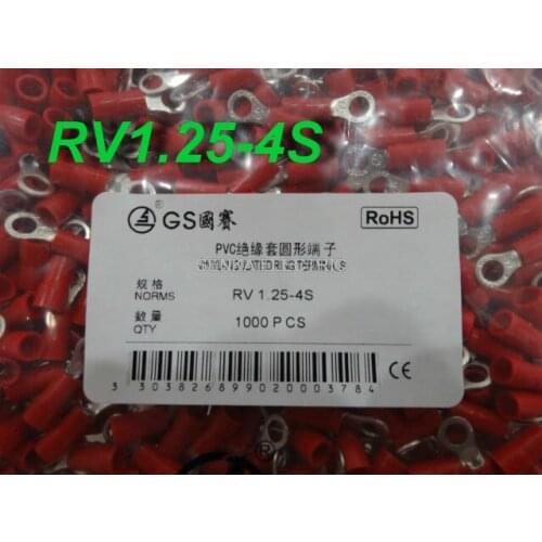 1000pcs/lot RV1.25-4S AWG22-16 0.5-1.5mm2 #8 Screw Bolt Nylon Insulated Ring Terminal Connector RV1.25-4