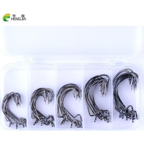 50pcs Carbon Steel Crank Hooks Set 5 Size 1# 2# 1/0# 2/0# 3/0# Soft Bait Fish Hook Fishhooks with Storage Box Fishing Tackle