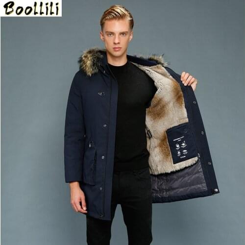 Boollili Mens Winter Down Jacket Parka Real Rabbit Fur Liner White Goose Down Jacket Raccoon Fur Collar Warm Coat Parkas
