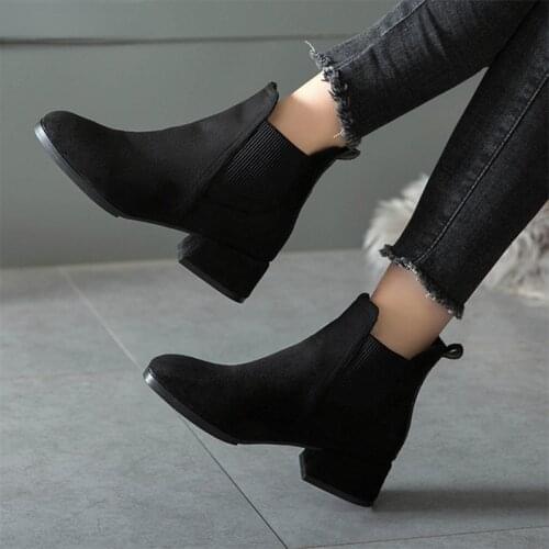Womens Shoes Autumn Women Ankle Boots Suede Black Boots Slip on Ladies Casual Thick Heel Shoes Fashion Comfort Female