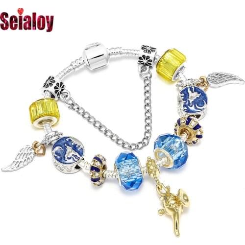 New Fashion Lamp Charm Bracelet Bangle Original Wings Flying Blanket Blue Bead Brands Bracelets For Women Men
