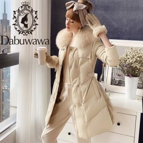 Dabuwawa Warm Elegant Fox Fur Collar Women Down Coat Jacket Casual Pocket Parka Fashion Long Female Winter Jacket DT1DDW024