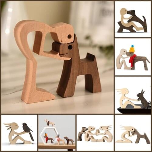 Family Puppy Wood Dog Craft Figurine Desktop Table Ornament Carving Model Creative Home Office Decoration Love Pet Sculpture