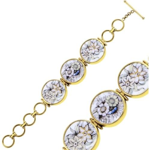 Silver 925 Sterling Flower Pattern Ceramic Bracelet