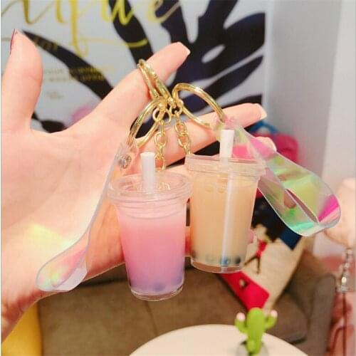 Creative Mini Soft Drink Keychain Milk Tea Beverage Bubble Tea Keyring Moving Liquid Oil Drop Decompression Keyfob Jewelry Gift