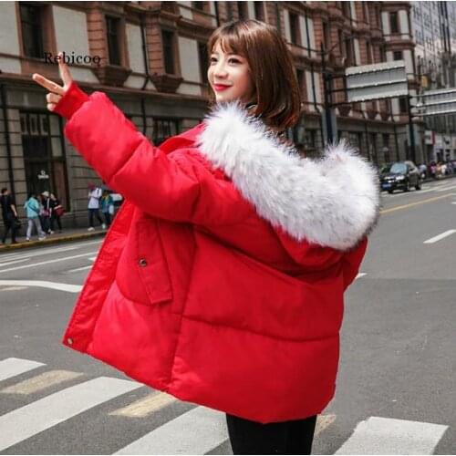 Fashion Winter Outerwear Ladies Cotton Hooded Jacket Loose Women Parka Long Sleeve Red Overcoat Faux Fur Collar Coat Plus Size
