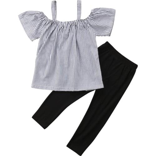 2019 Hot Fashion Casual Kids Baby Girl Clothes Kids Striped Off Shoulder Romper Tops T-Shirt Pants Long Outfits Set 2PCS fits