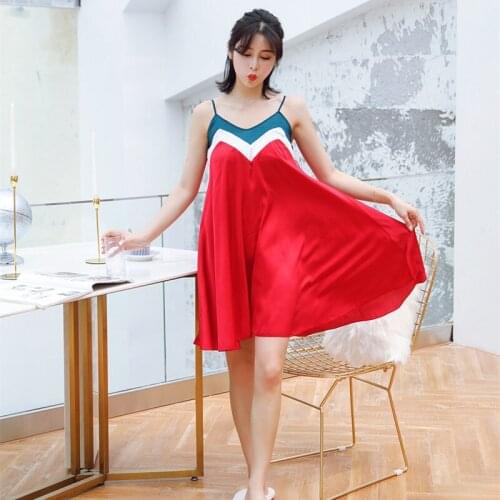 2022 Stain Nightgown Women Slik Sleepwear Sexy Night Dress V Neck Strap Patchwork Nightwear Sleep Dress Female Home AD554