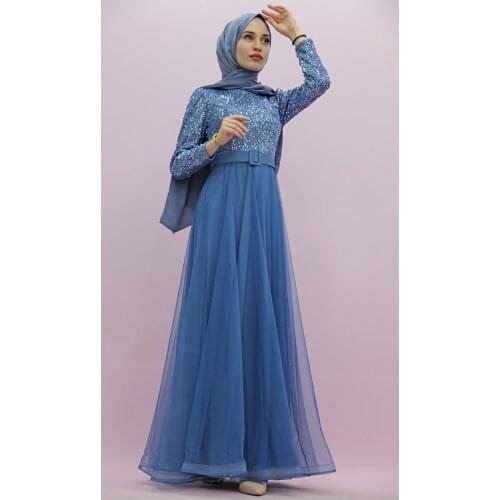 New Season Summer Trend Muslim Dress Sequins Sequin Hijab Evening Dress Indigo