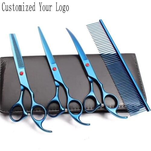 Suit 7" Stainless Customize Logo Grooming Scissors Comb Cutting Scissors Thinning Shears Dog Curved Scissors Pets Scissors C3003