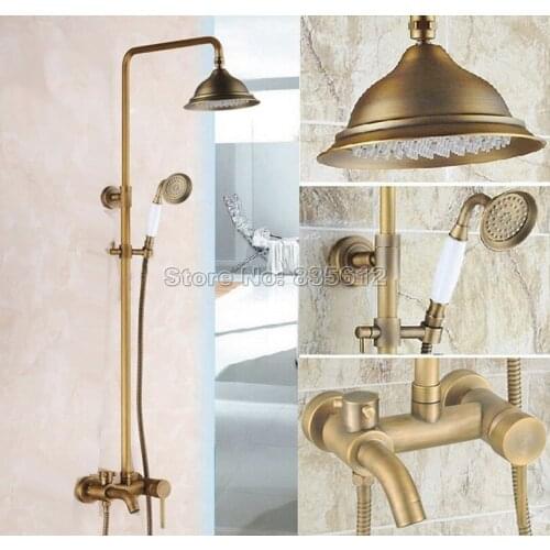 Retro Wall Mounted Rain Shower Faucet Set with Ceramic Hand Spray Bathroom Single Lever Tub Mixer Taps Brass Finish Wrs182