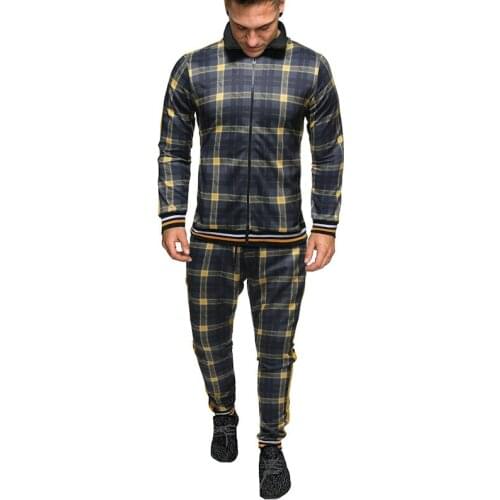 New Tracksuit Set Male Stripe Colorful Plaid Men Sport Zipper Sweatshirt Stand-up collar Suit Autumn gyms Slim Jackets Mens set