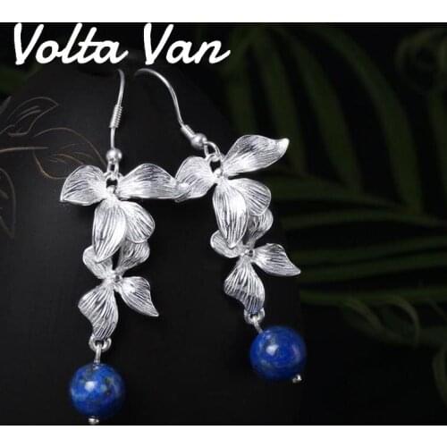 Volta Van Lapis Drop Earrings 925 Sterling Silver Pendientes Plata 2021 New Elegant Vintage National Style Orchid Earrings