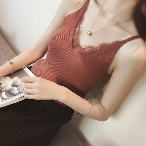 Sexy Women Plain Camisole Lace Splicing Double V-neck Vest Slim Sling Tank Tops