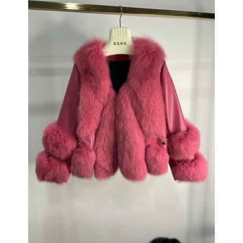 Hot Sale Ladys Fashion Locomotive Style New Real Fox Fur Jacket with Genuine Sheep Leather Fashion Women Real Fur Overcoat