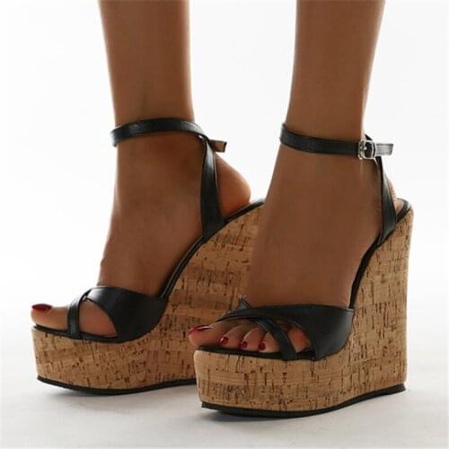 Fashion Narrow Band Thick Bottoms Wedge Sandals Female Ankle Buckle Strap Platform High Heels Women 15CM Party Dress Pumps