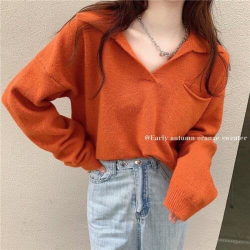 2020 Women Autumn Winter Orange Loose Cozy Sweater Full Sleeve Turn-down Collar Knitted Pullover Jumpers Casual Tops