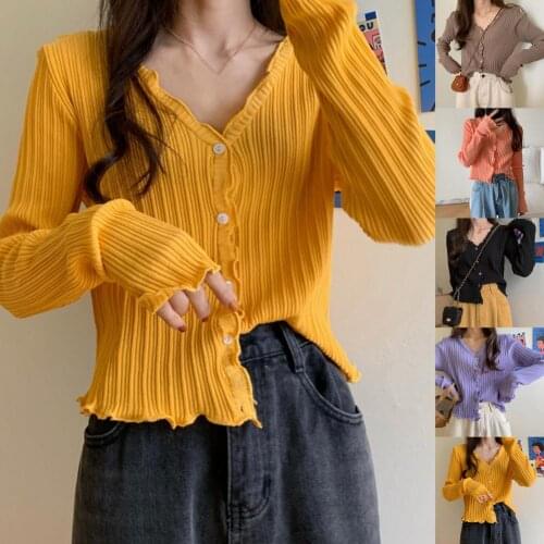 Women Candy Color Knitting Sun Protection Cardigan V Neck Long Sleeve Slim Blouse Crop Tops