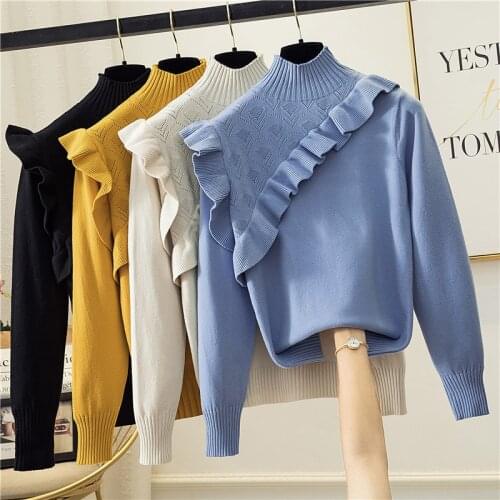 Half High Neck Sweater Womens Autumn Winter New 2021 Ruffle Long Sleeve Knitted Pullover Women Solid Color Jumper Female Tops