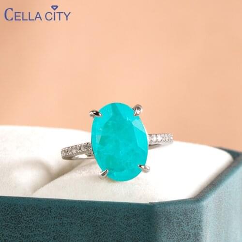 CellaCity 925 Sterling Silver Luxury Paraiba Ring for Women With Oval Shape Paraiba emerald gemstones color wedding party gift