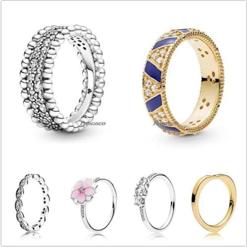 Authentic 925 Sterling Silver Beaded Pave Band Rings With Crystal Rings For Women Wedding Party Gift Europe Pandora Jewelry