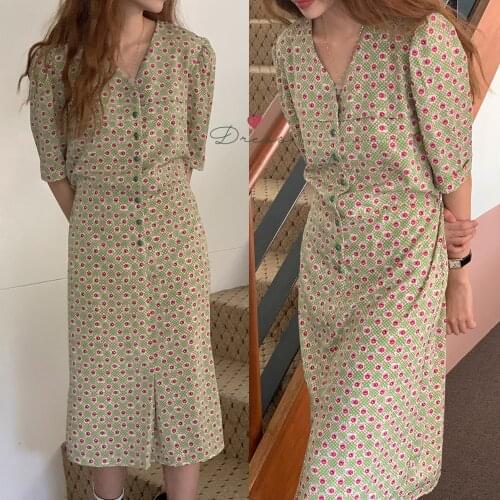 2021 New Women Summer Vintage Green Long Floral Shirt Dress V Neck Single Breasted Elastic Waist Midi Sundress