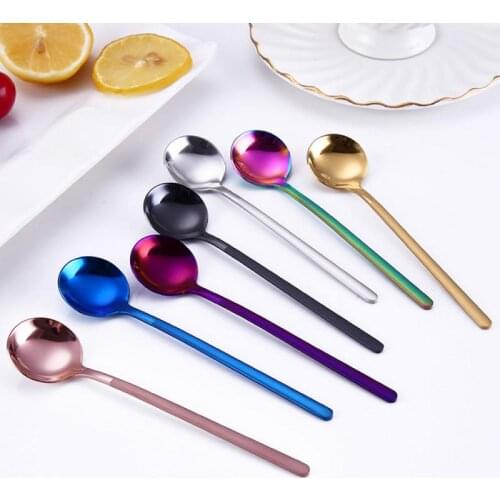 1Pc Stainless Steel Coffee Spoon Dessert Ice Cream Fruit Long Handle Teaspoons Round Shape Coffee Mixing Spoon Kitchen Tool