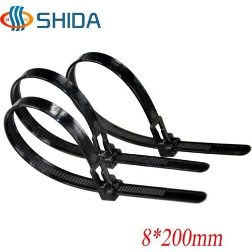 100 pcs/lot 8*200mm Black Releasable Nylon Cable Ties Plastic Zip Ties for Computer Wire Management