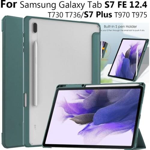 Acrylic Transparent Smart Case For Samsung Galaxy Tab S7 FE T730 T736 Auto Sleep Wake Tablet Stand Flip Cover With Pen Holder