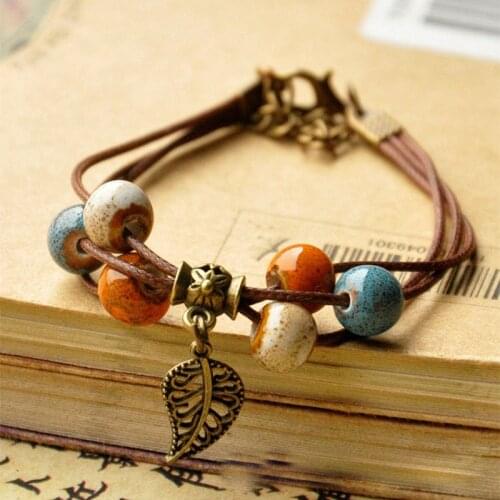 Beaded Bracelets Women Men Ceramic Beads Leaf Charm Multilayer Leather Chain Cuff Bangle Adjustable Wristbands Bohemia Jewelry