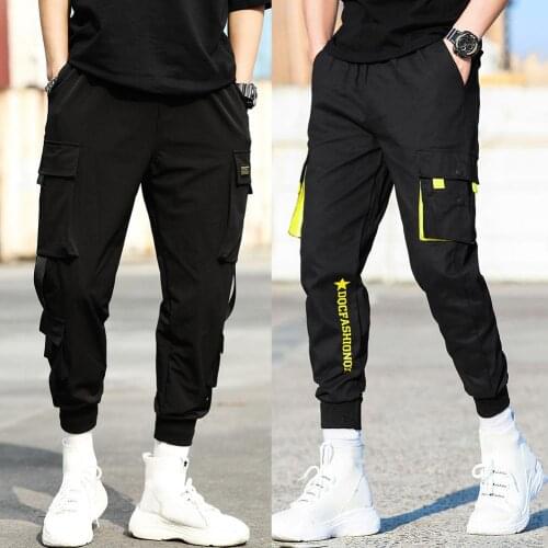 Casual Men Breathable Ankle Tie Pocket Drawstring Cargo Pants Ninth Trousers 2XL Joggers Trousers Fashion Harajuku Men Pants