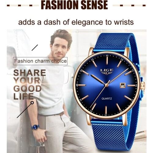 Blue Trend Ultra Thin Couple Fashion Luxury Mesh Belt Watches Men And Women Casual Simple Waterproof Sports Wristwatch LIGE 9934