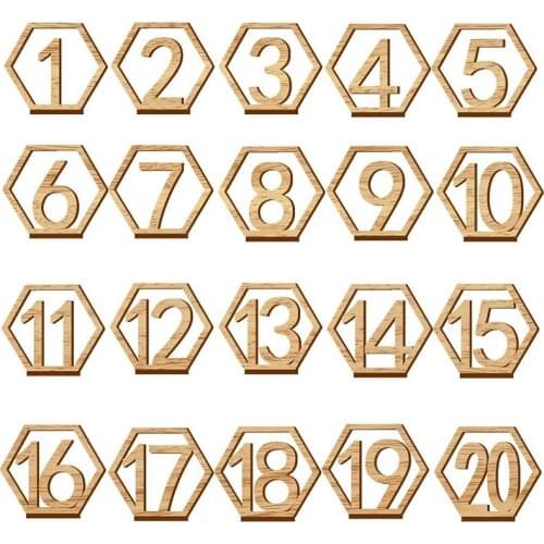 20Pcs Wooden Wedding Table Numbers Seat Cards 1-40 Hexagonal Hollow Digital Sign with Holder