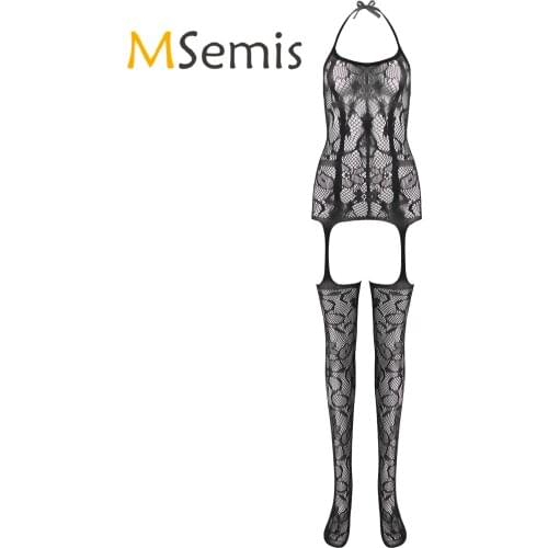 Women Lingerie Crotchless Cutout Bodysuit See-through Mesh Halter Lace-up Backless Open Crotch Bodystocking Sleeveless Nightwear