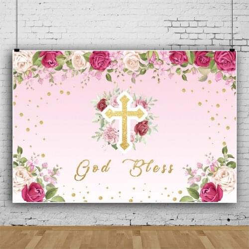 Laeacco God Bless You First Communication Photo Backdrop Polka Dots Holy Baptism Baby Shower Pink Flower Photographic Background